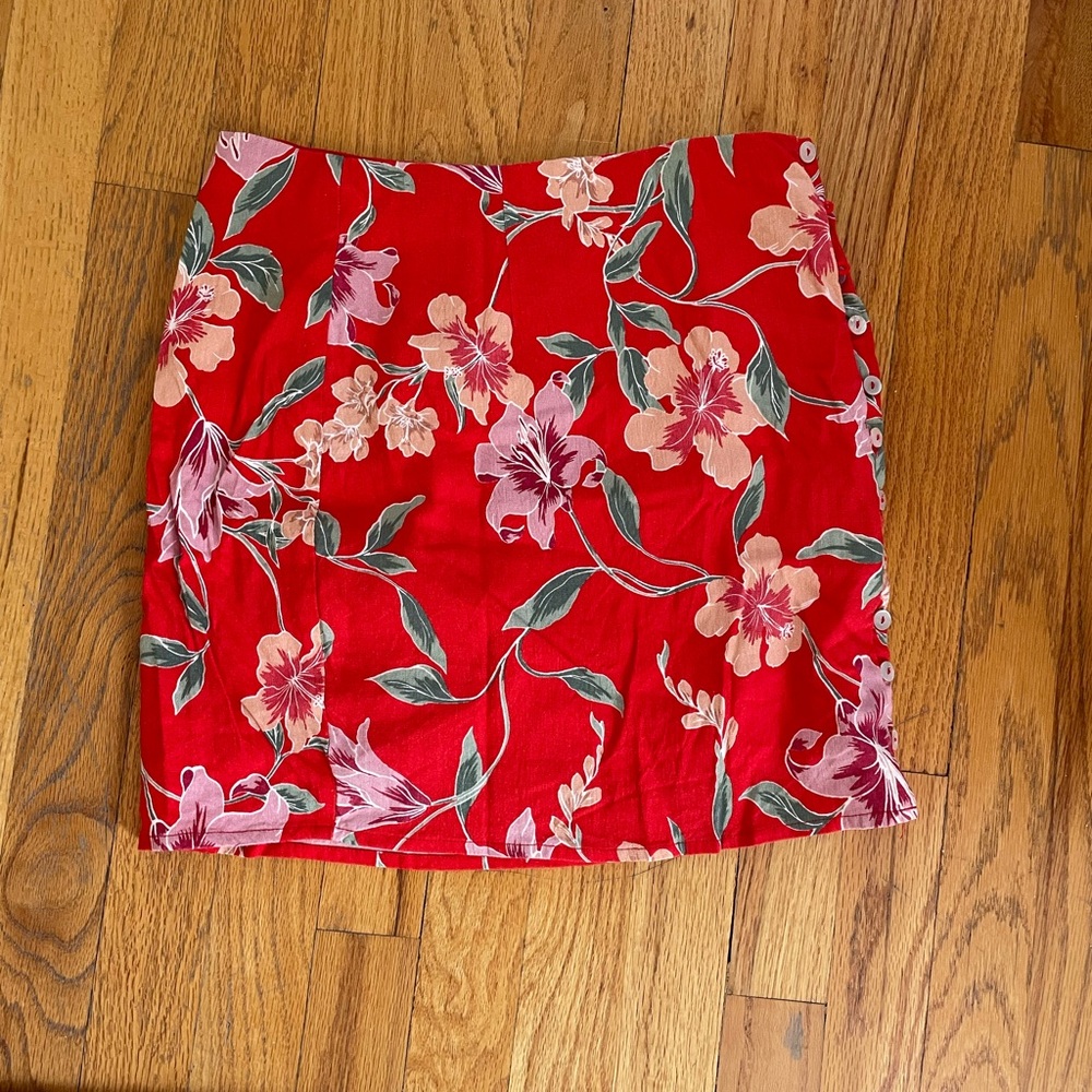 Privacy Please Red Floral Mini Skirt